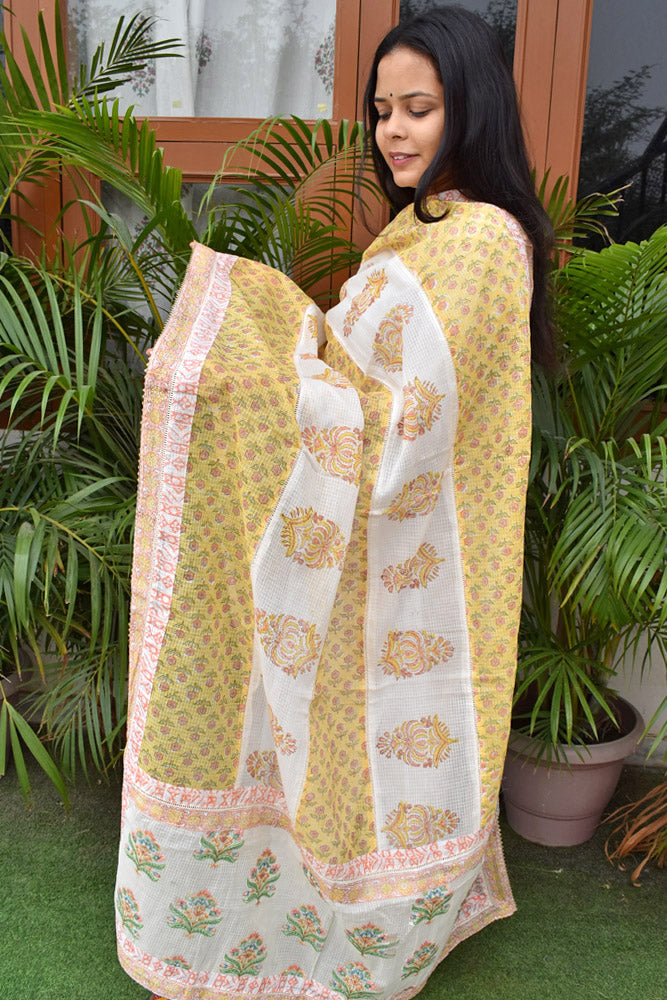 Hand Block Printed, Patch and Embroidery Work Kota Doria Dupatta