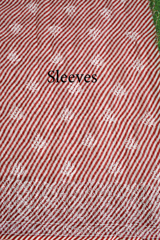 Leheriya Print kota fabric with Hand Embroidered Chikankari Tepchi work - 2.8 - 2.9 mtrs