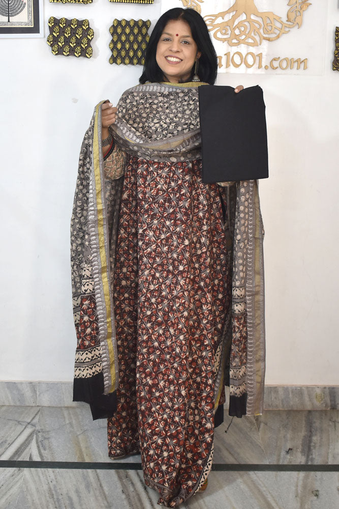 Beautiful Hand Block Printed Cotton unstitched suit fabric with Woven Borders Cotton dupatta