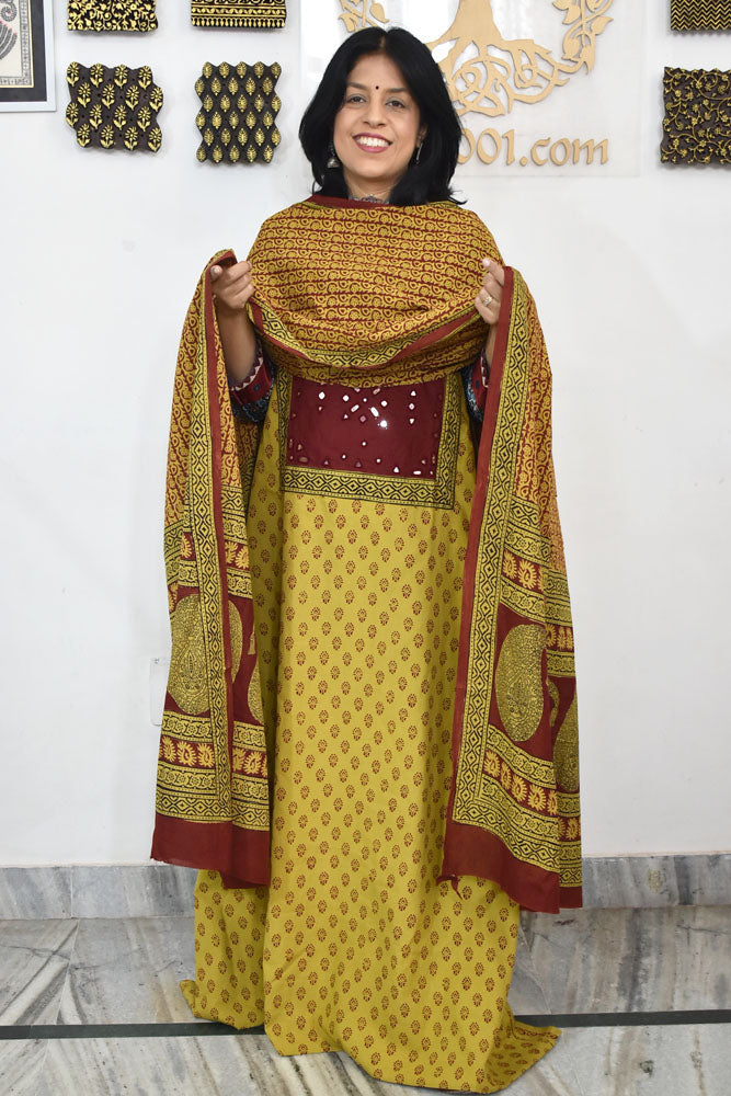 Bagh Hand Block Printed unstitched 3 pc Cotton suit fabric with Kutch Mirror Work