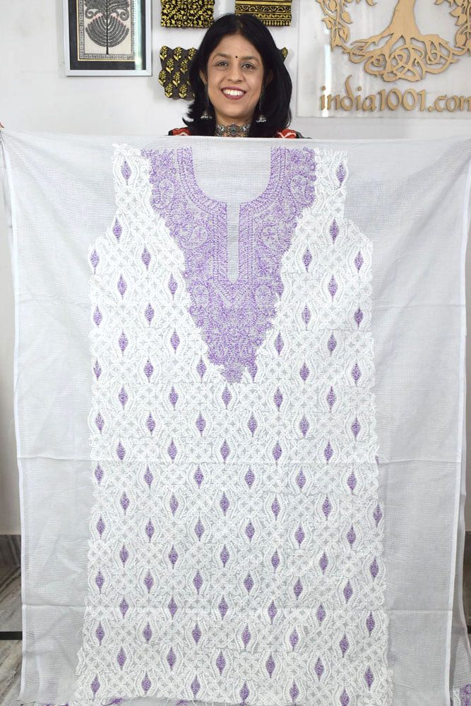 Designer Hand Embroidered Chikankari Tepchi work Kota Doria fabric No. 4