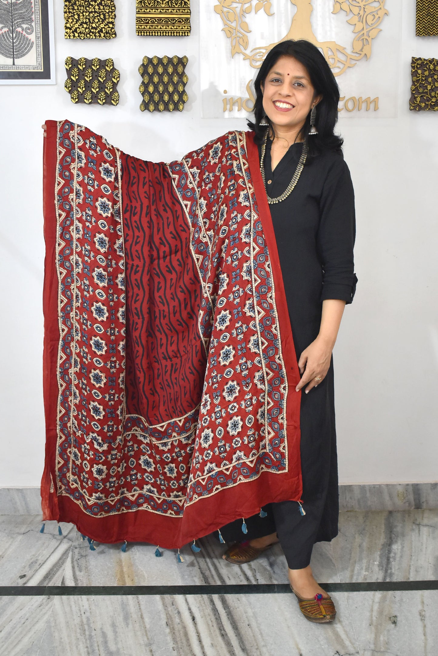 Designer Modal Silk Ajrakh Block Print Dupatta with tassels