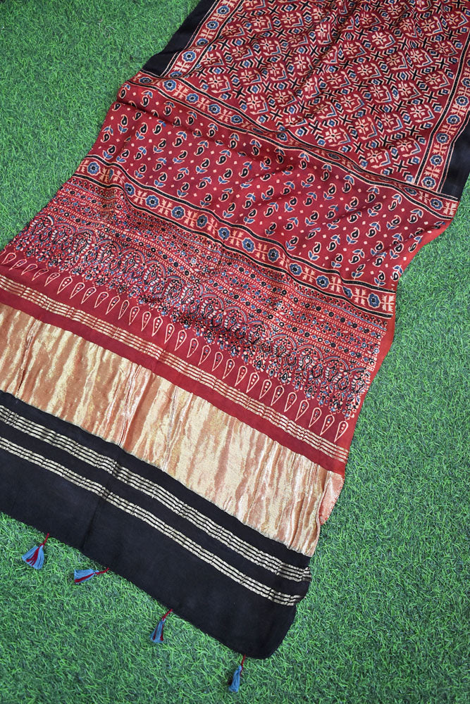 Beautiful Ajrakh Modal Silk Hand block Printed Stole with lagdi patta