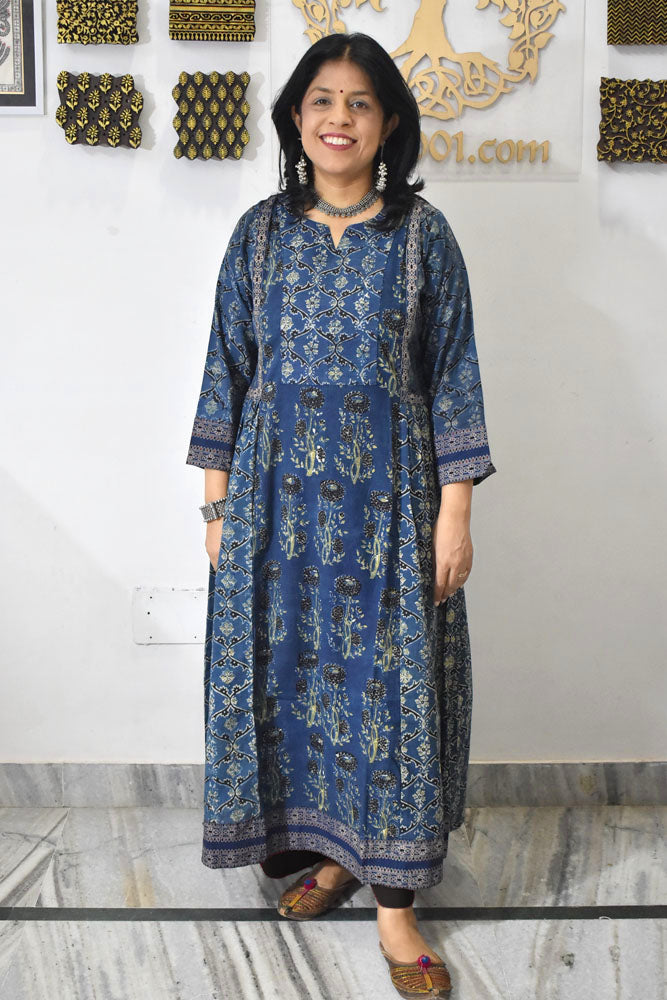 Designer Hand Block Printed Ajrakh cotton Kurta / Dress - Size 38 to 44 ( all sizes)