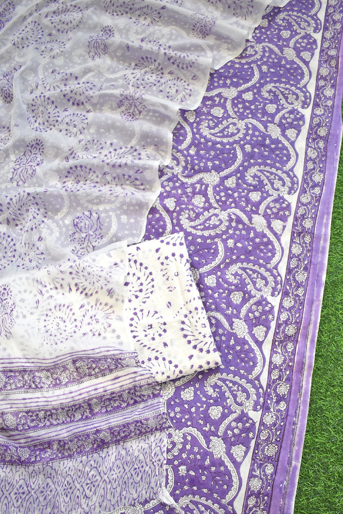Hand Block Printed Cotton unstitched suit fabric with Chiffon dupatta