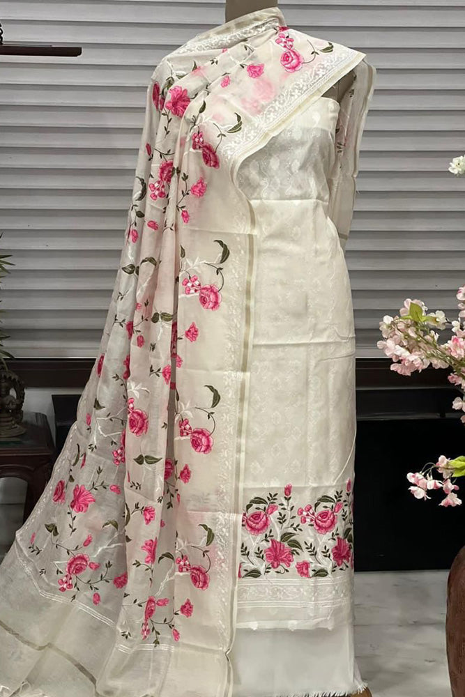 Beautiful embroidered Banarasi Slub Cotton Chanderi suit