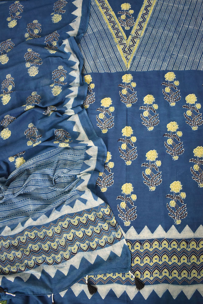 Designer Hand block printed Barmer Ajrakh soft Mul Cotton dupatta & cotton kurta fabric set