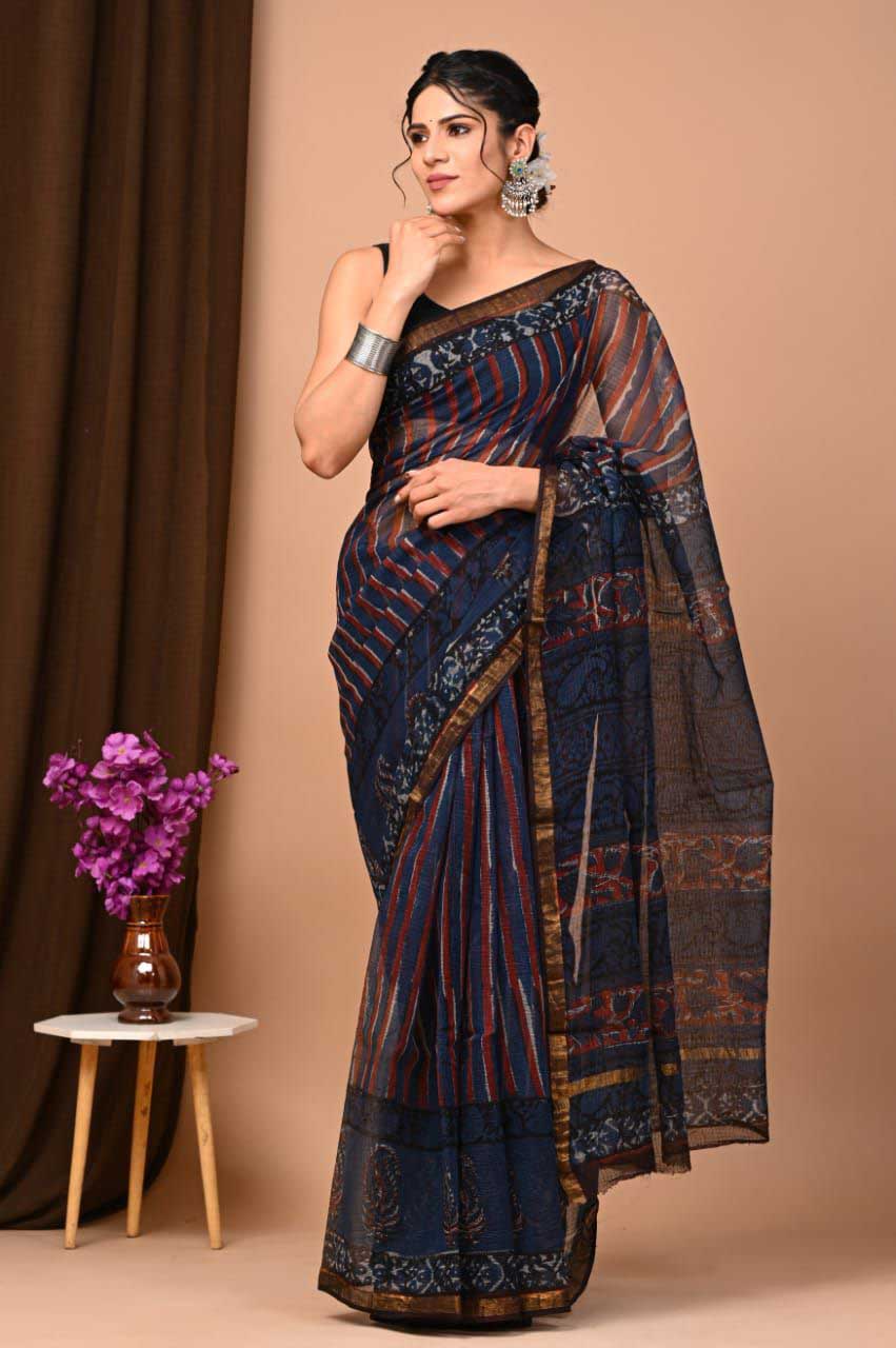 Beautiful Hand Block Printed Kota cotton Saree with zari border