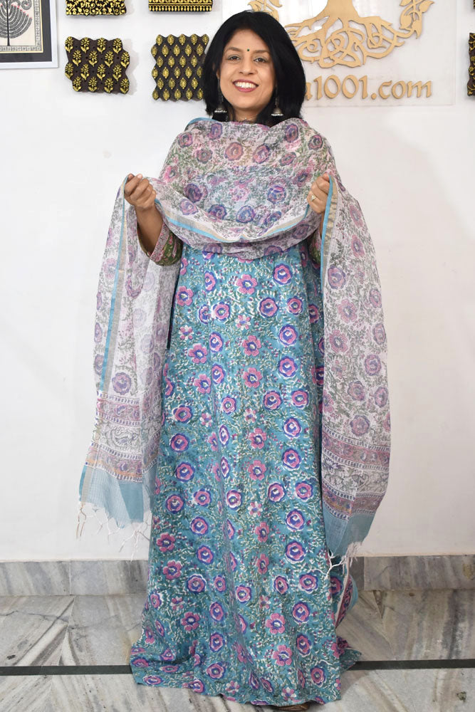 Beautiful Hand Block Printed Cotton unstitched suit fabric with Kota Doria Dupatta