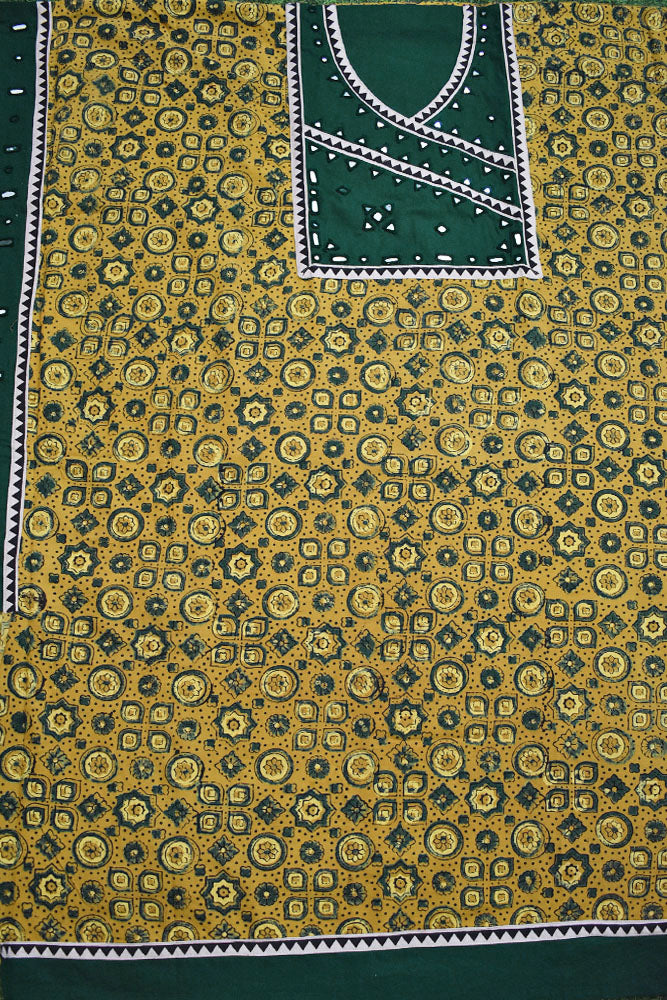 Designer Ajrakh Cotton Kurta Fabric with Kutch Mirror Work patch