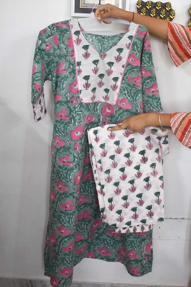 Elegant Hand Block Printed Cotton Set ( Kurta & Pant) Size 38 - 46
