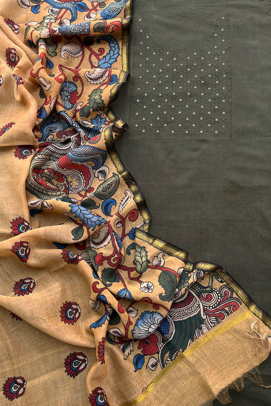 Embroidered Cotton Kurta fabric with Foil Mirror work & Kalamkari dupatta