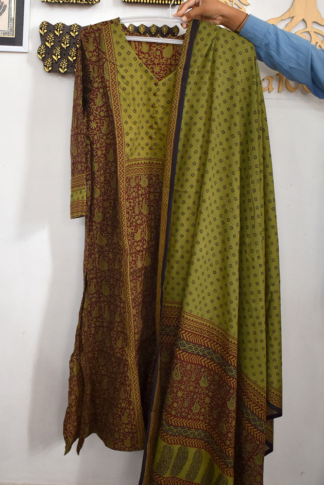Bagh Hand Block Printed stitched 3 pc Cotton suit - 44 size