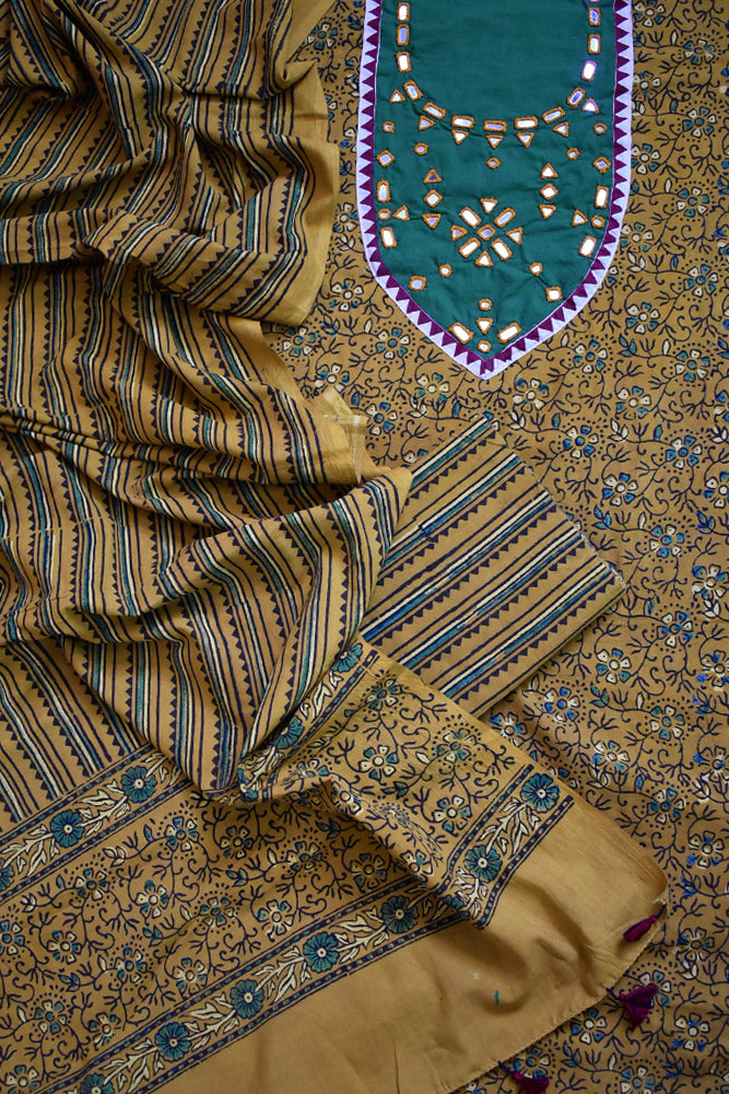 Hand Block Print Ajrakh Cotton Suit with designer brush paint & Kutch Mirror work