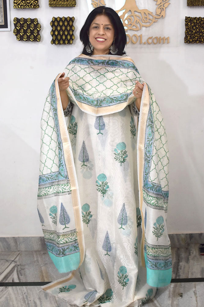 Beautiful Hand Block Printed Maheshwari Silk Cotton Unstitched suit fabric - 3 pc set