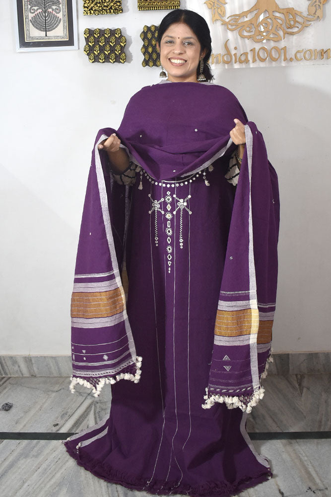 Premium Handwoven Kala Cotton Bhujodi suits with Mirror Work - 3 pc set