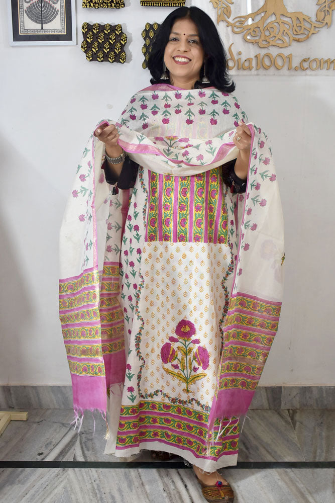 Designer Hand Block Print Cotton suit with Chanderi dupatta