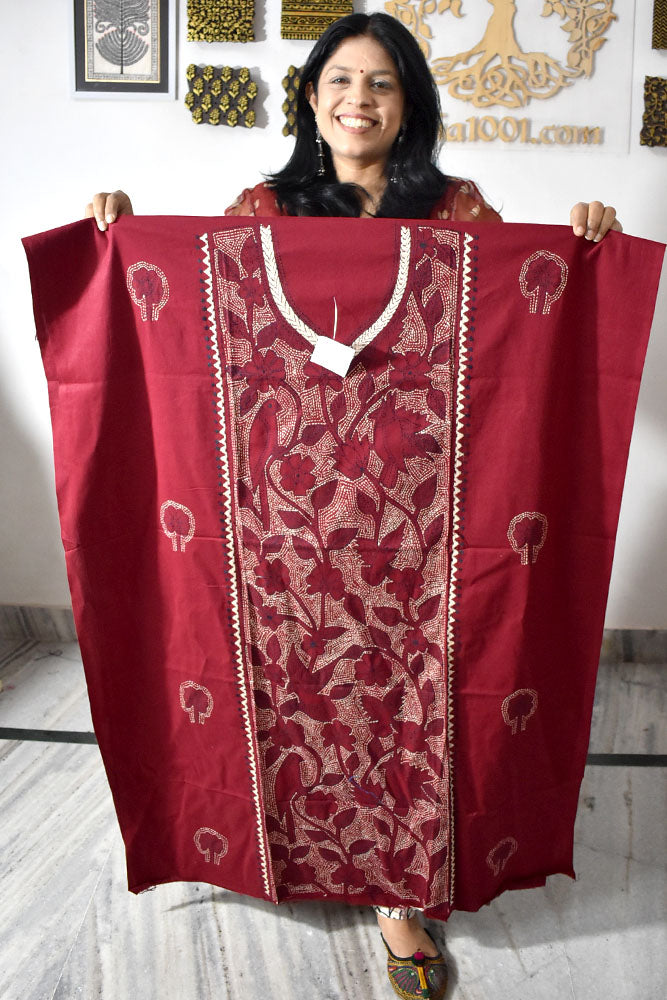 Hand Embroidered Kantha work cotton kurta fabric No - 16