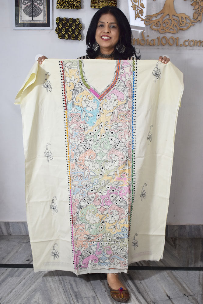 Hand Embroidered Kantha work cotton fabric - (Length 2.8 mtrs )