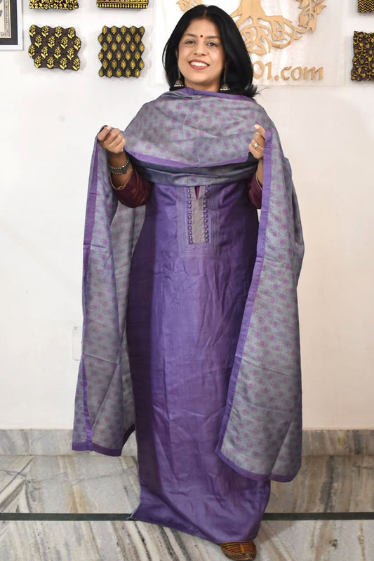 Semi Stitched Block Printed Tussar Silk Dupatta  & Tussar Kurta Fabric