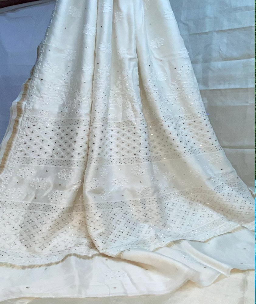 Beautiful Heavy Chanderi Saree with Hand Chikankari & Muqaish Work