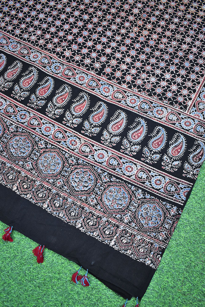 Ajrakh Hand Block Printed Khadi Cotton Dupatta with Tassels & natural dyes