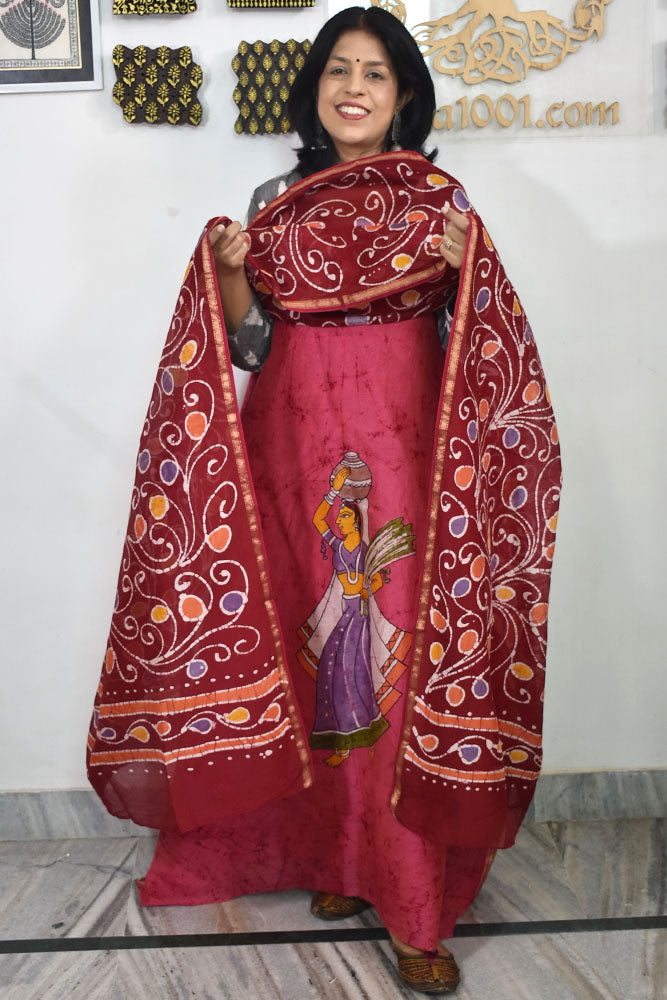 Elegant Handwoven Maheshwari silkcotton kurta fabric & dupatta set with Wax Batik work