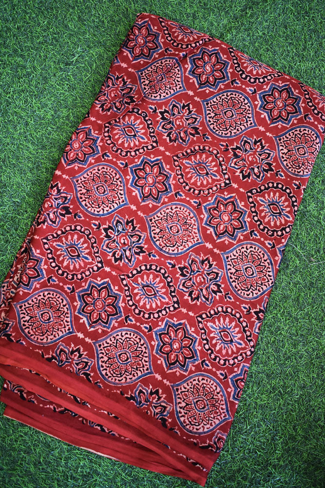 Beautiful Modal Silk Ajrakh Hand Block Print Fabric - 2.5 mtrs cut