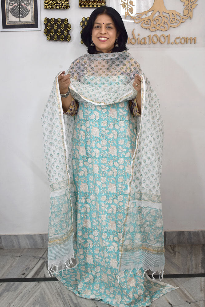 Beautiful Hand Block Printed Cotton unstitched suit fabric with Kota Doria Dupatta