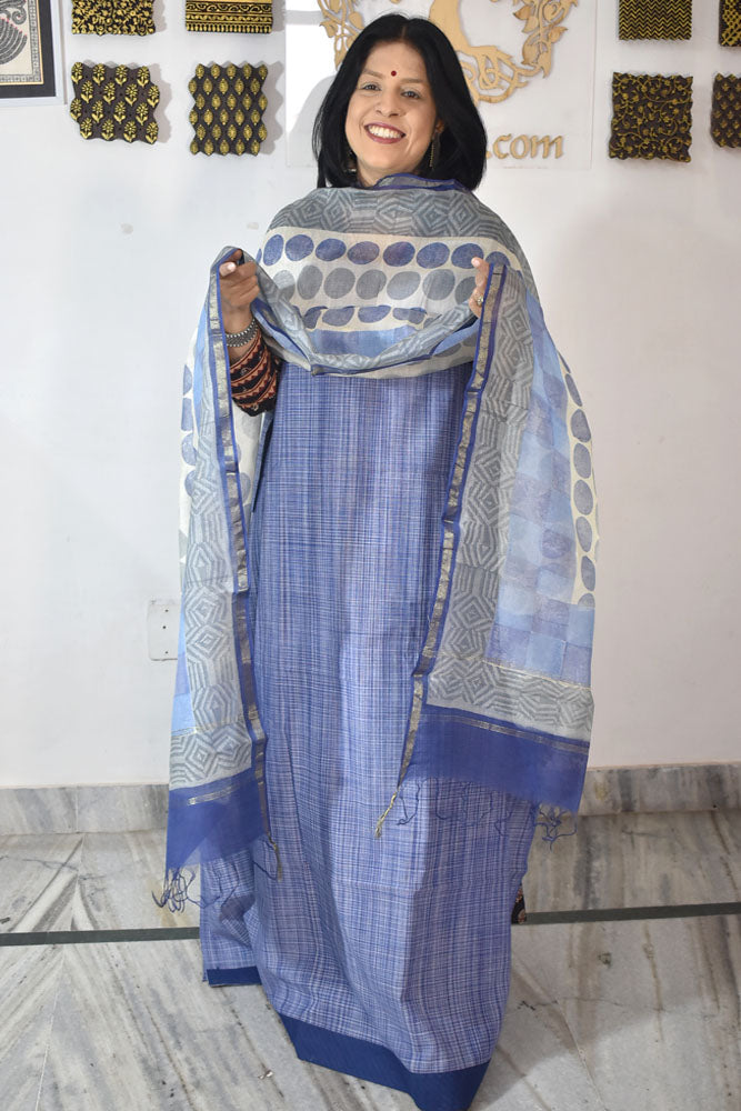 Handwoven Cotton kurta with Chanderi Dupatta & Cotton Bottom - 3 pc set