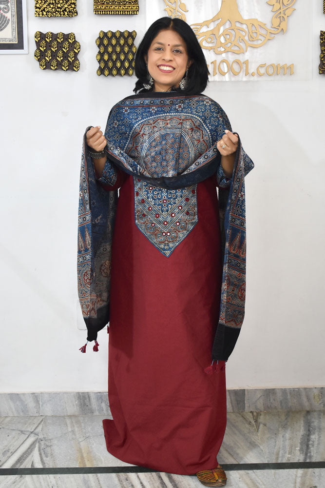 Designer Cotton suits with Ajrakh patch, mirror work & Ajrakh Stole