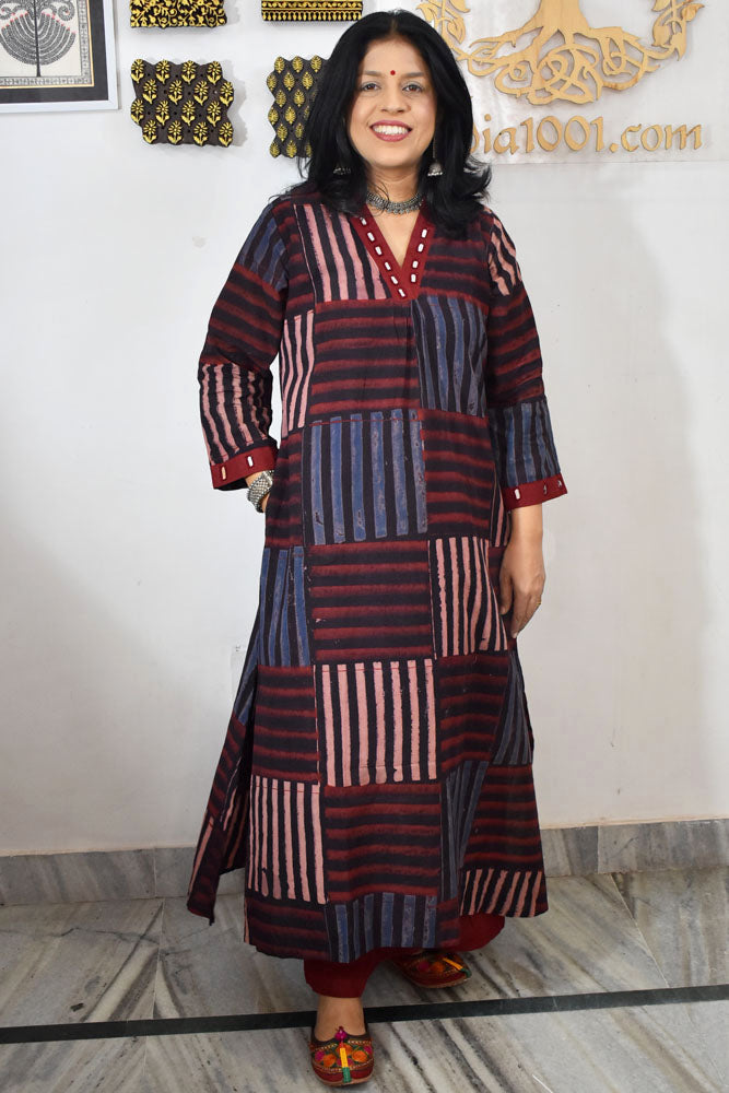 Beautiful Hand Block Printed Ajrakh Cotton kurta with Kutch Mirror work , Size 38 to 46