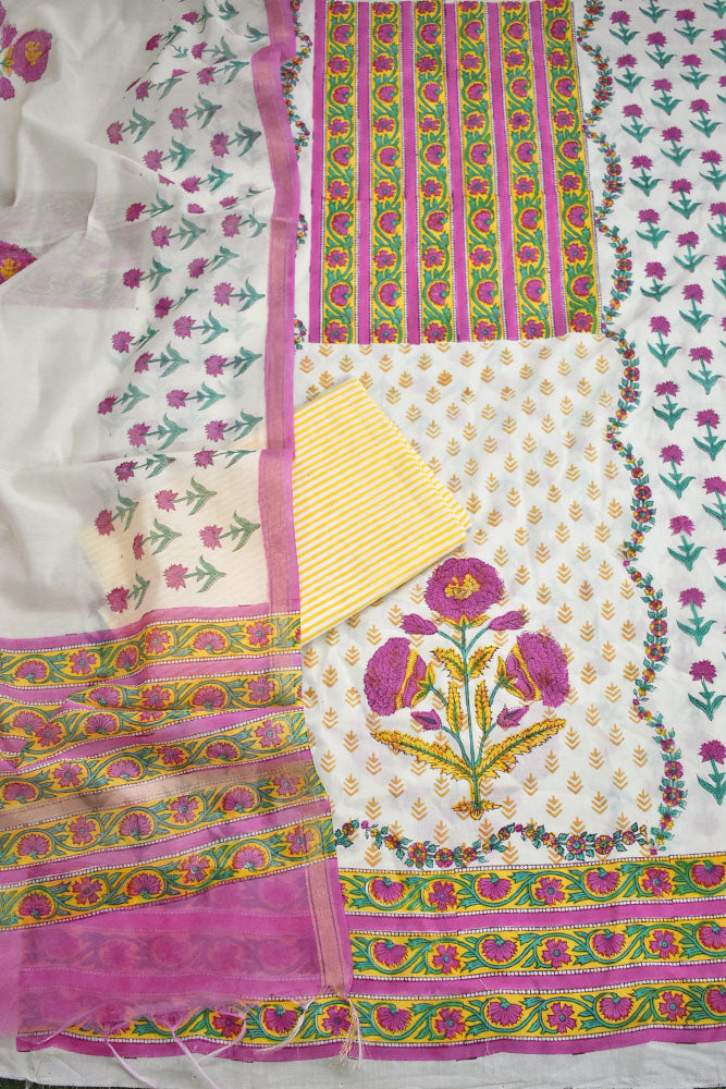 Designer Hand Block Print Cotton suit with Chanderi dupatta
