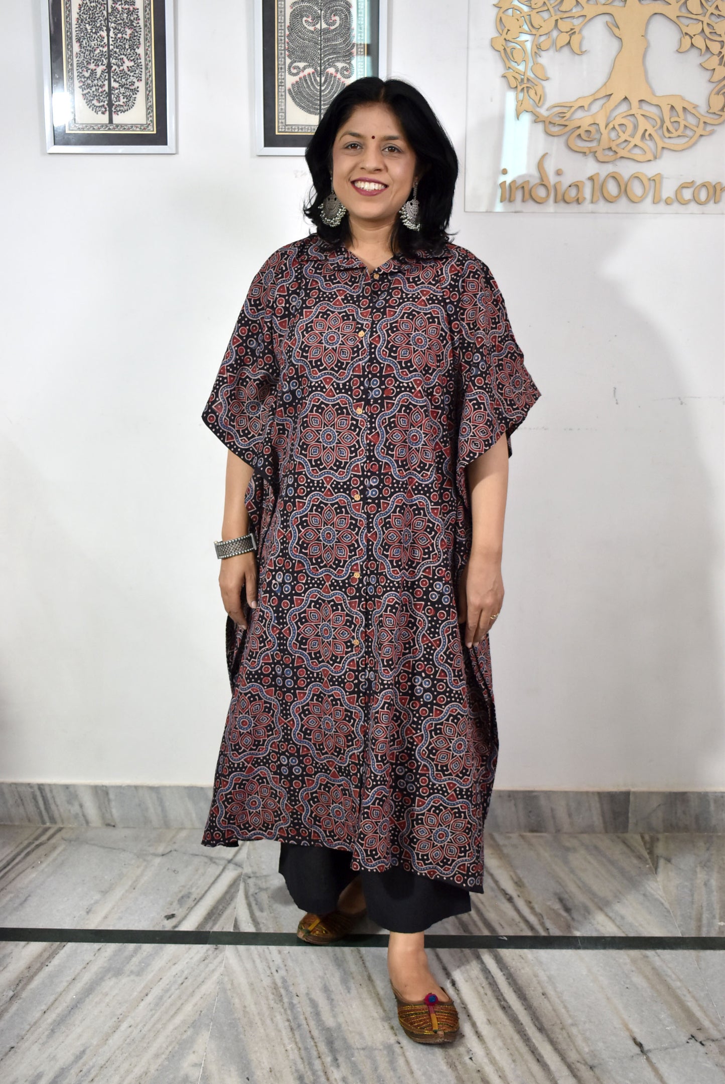 Beautiful Hand Block Printed Ajrakh Kaftan, Can fit till size 48