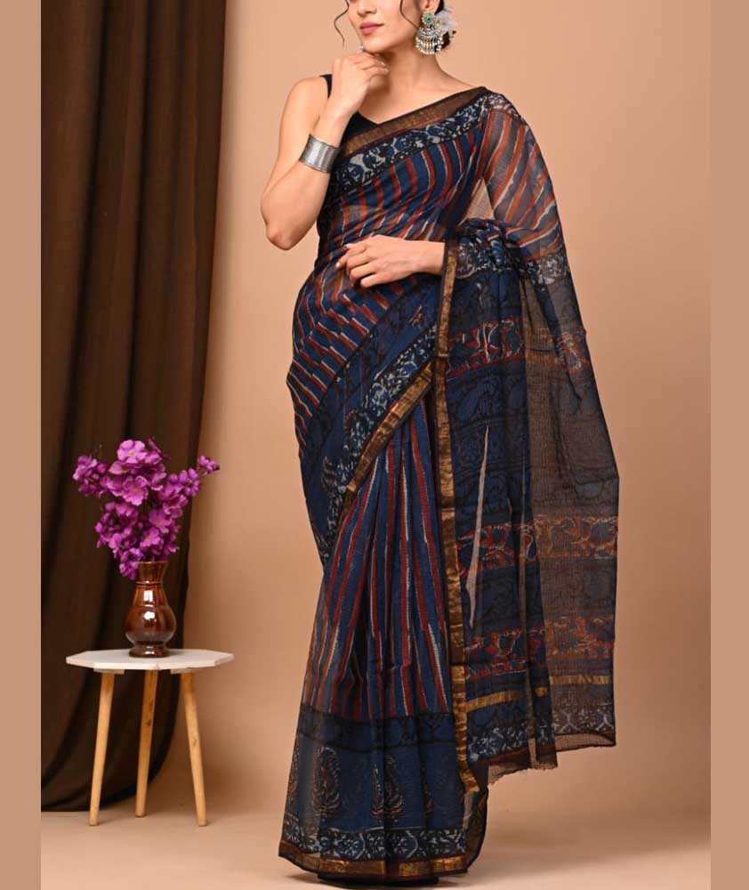 Beautiful Hand Block Printed Kota cotton Saree with zari border