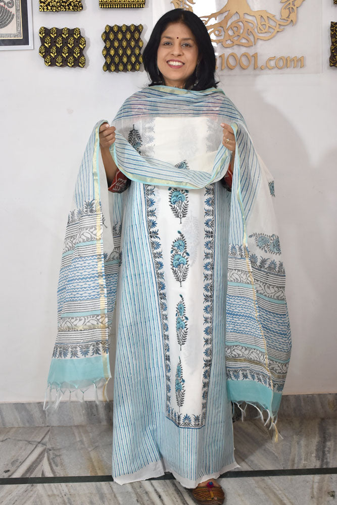 Designer Hand Block Placement Print Cotton suit with Chanderi dupatta