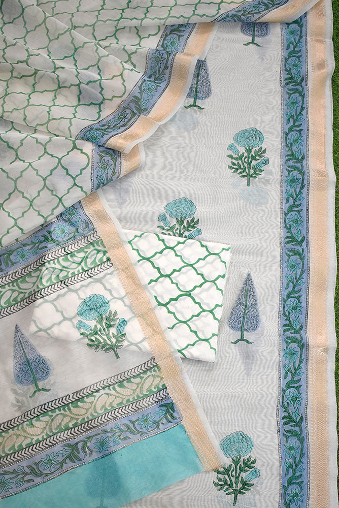 Beautiful Hand Block Printed Maheshwari Silk Cotton Unstitched suit fabric - 3 pc set