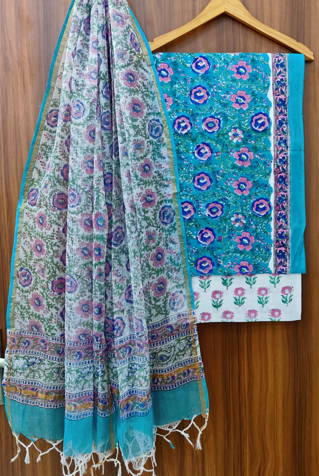 Beautiful Hand Block Printed Cotton unstitched suit fabric with Kota Doria Dupatta