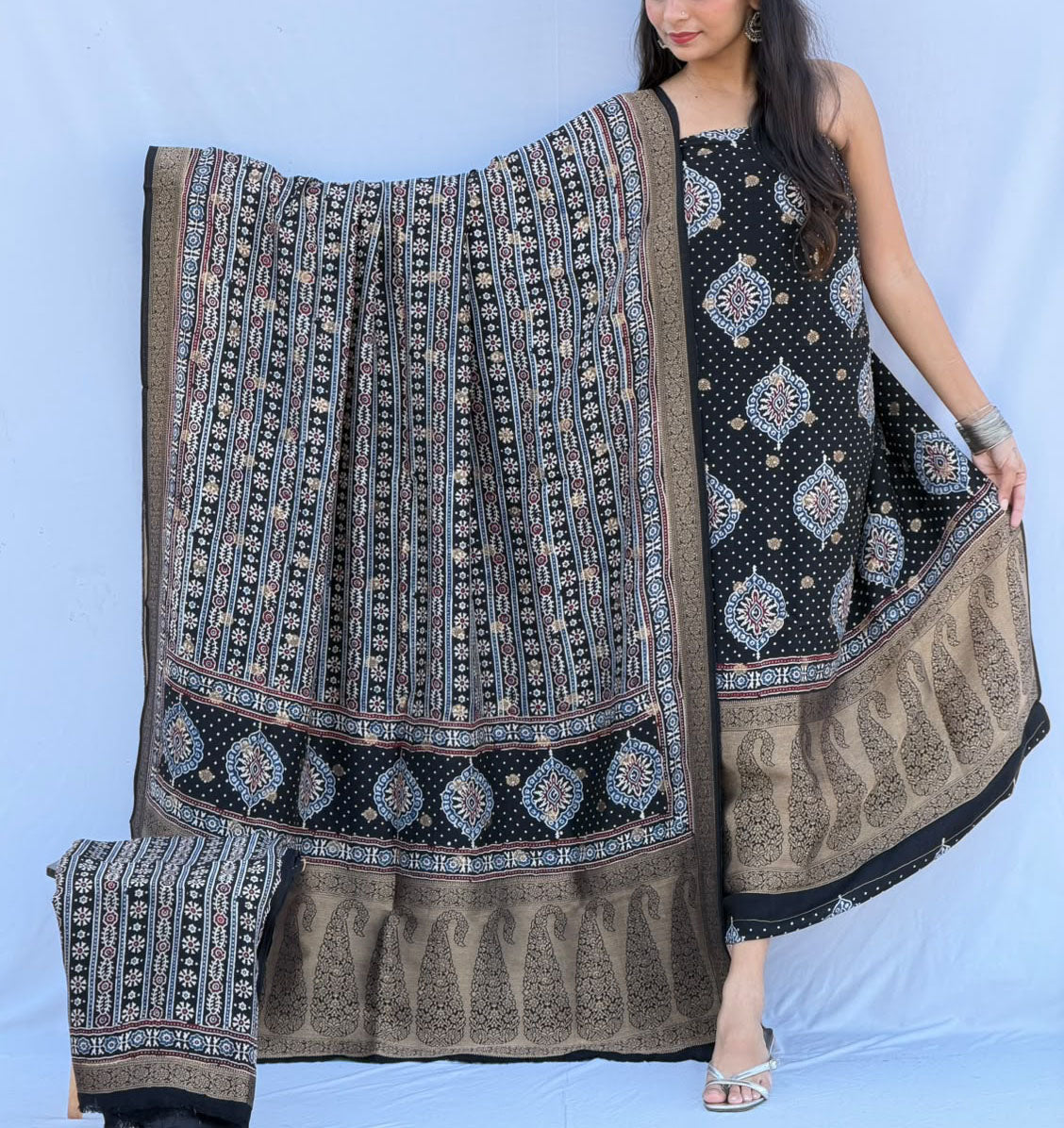 Designer Ajrakh Dola silk suit with woven bootis & borders - 3 pc suit