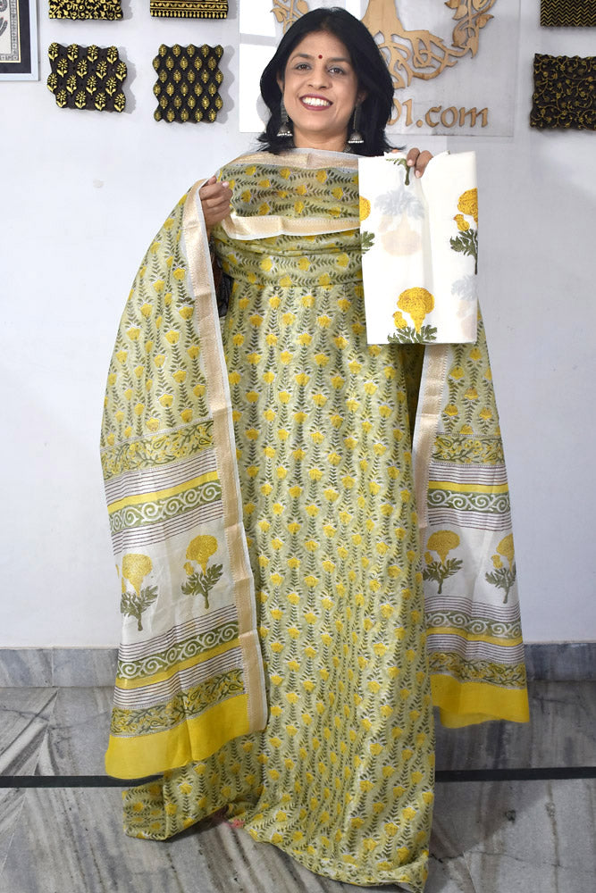 Beautiful Hand Block Printed Maheshwari Silk Cotton Unstitched suit fabric - 3 pc set