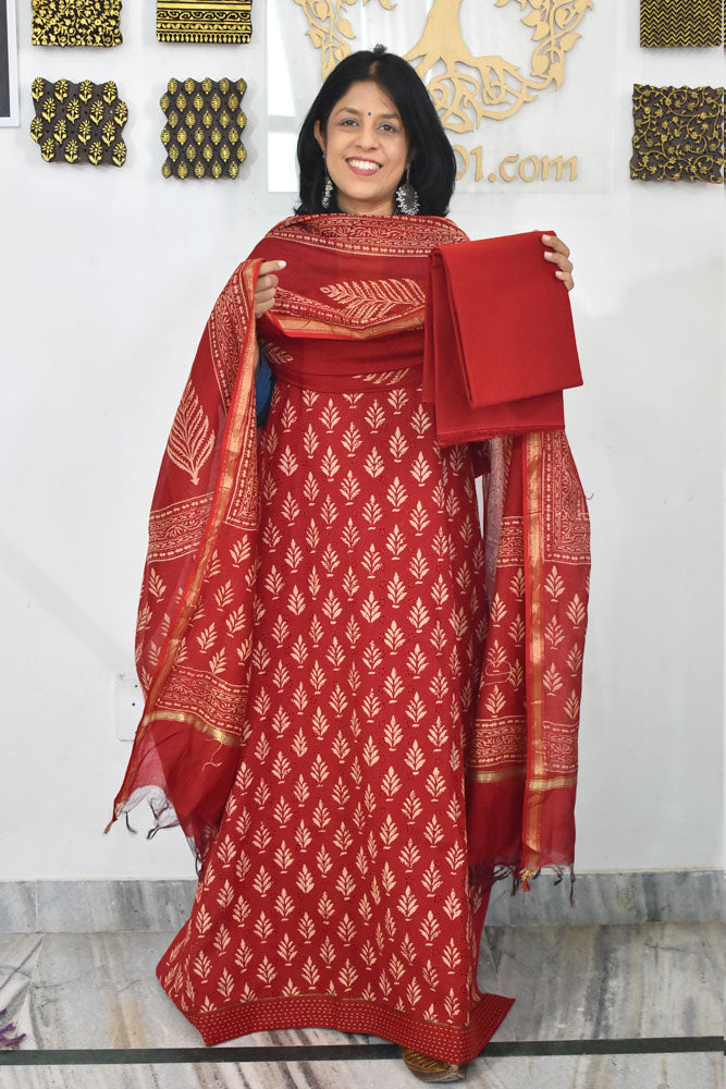 Elegant Hand Block print cotton suit with Schiffli work & Chanderi dupatta