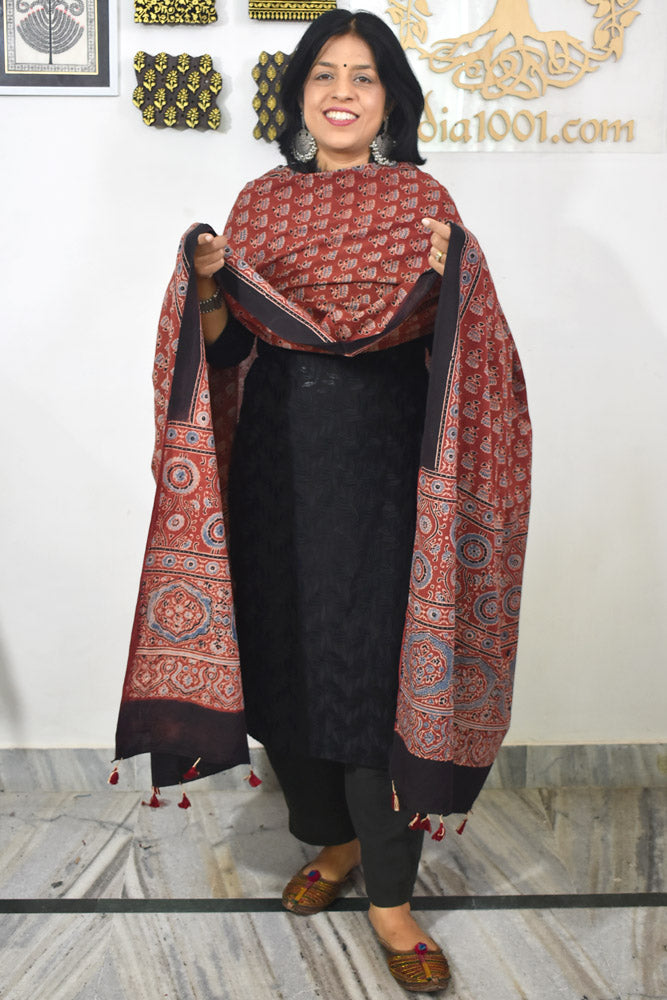 Ajrakh Hand Block Printed Cotton Dupatta with Tassels & natural dyes