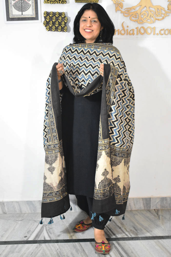 Ajrakh Hand Block Printed Cotton Dupatta with Tassels & natural dyes