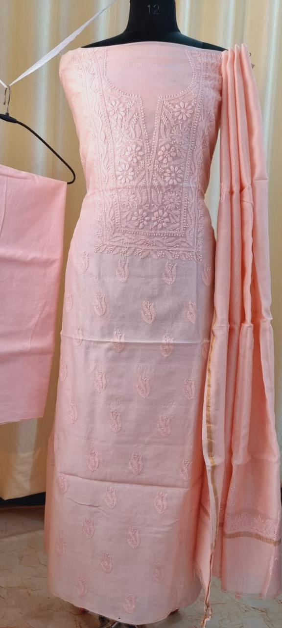 Elegant Chanderi silk Cotton Kurta & Dupatta with Chikankari Embroidery work & cotton bottom - 3 pc set