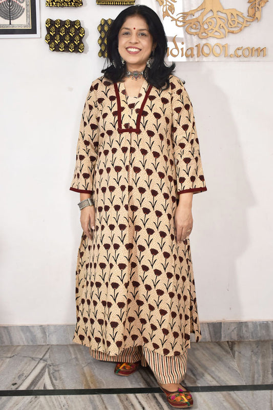 Elegant Vanaspati Ajrakh Cotton Kurta and pant set - Sizes 38 - 48