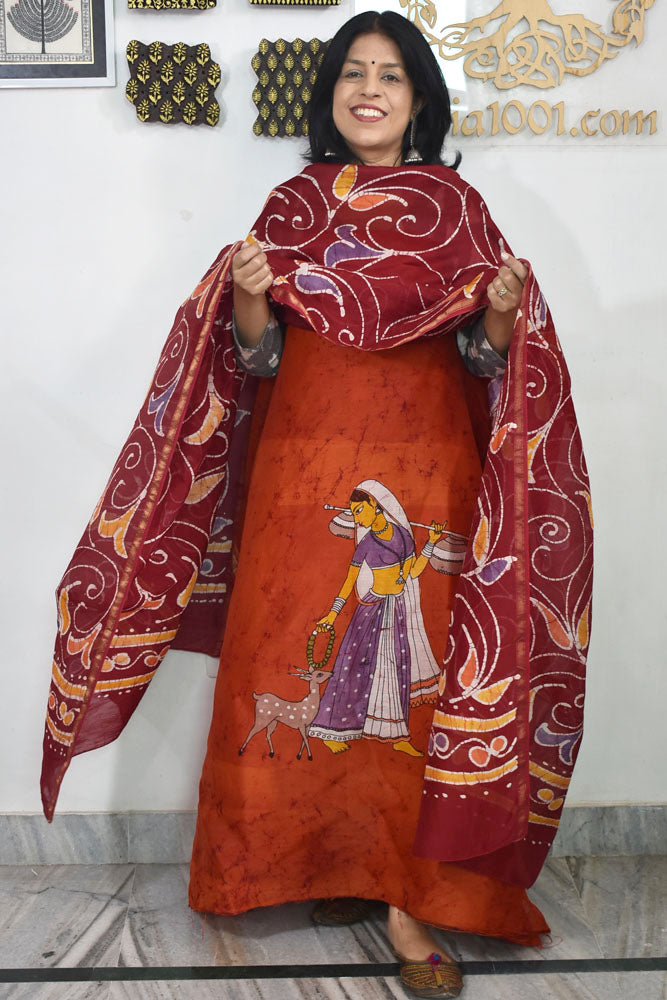 Elegant Handwoven Maheshwari silkcotton kurta fabric & dupatta set with Wax Batik work