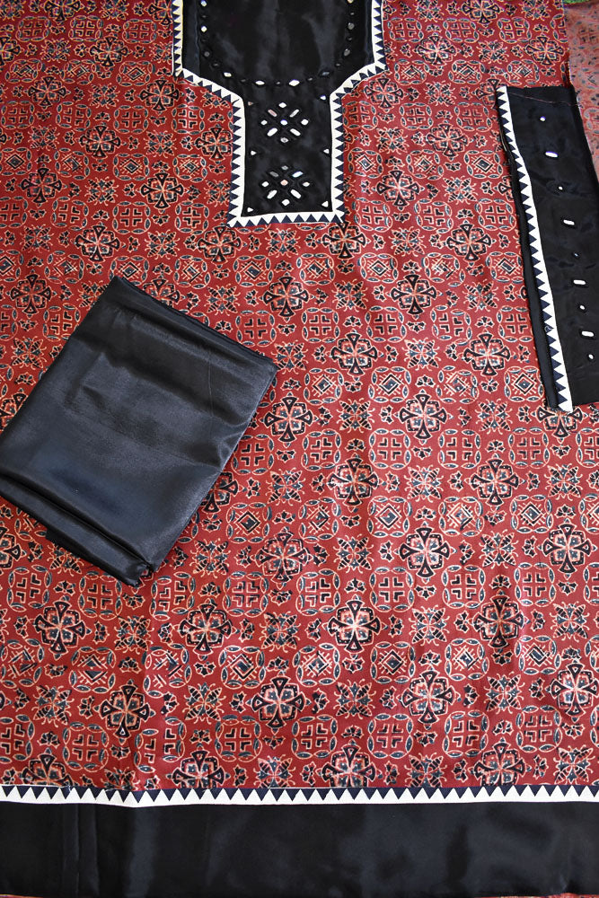 Designer Ajrakh Mashru Kurta Fabric with Kutch Mirror Work patch & Plain Mashru pant fabric