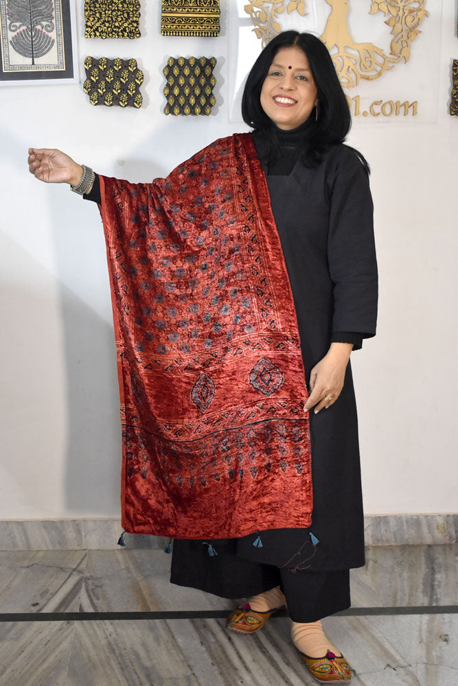 Beautiful Hand Block Printed Ajrakh Velvet stole with Tassels