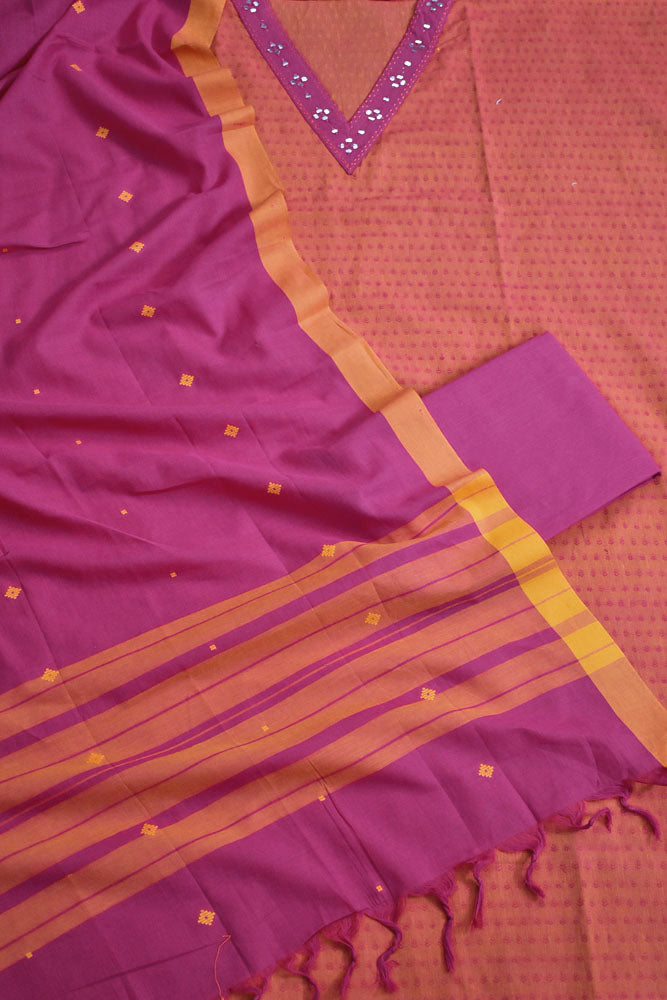 Handwoven Cotton suit with Hand Embroidery & Mirror work