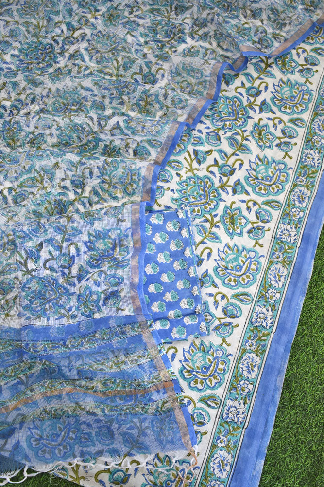 Beautiful Hand Block Printed Cotton unstitched suit fabric with Kota Doria Dupatta